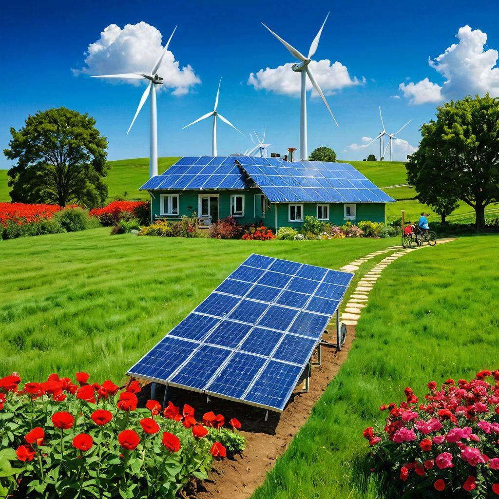 A serene landscape featuring a lush green field under a bright blue sky, with a diverse group of people engaging in sustainable activities like gardening, cycling, and enjoying nature. Include elements like solar panels, wind turbines, and organic fruits and vegetables, symbolizing a harmonious connection to the earth and happiness. The scene should radiate joy and tranquility, with colorful flowers blooming throughout. vibrant colors. super-realistic.