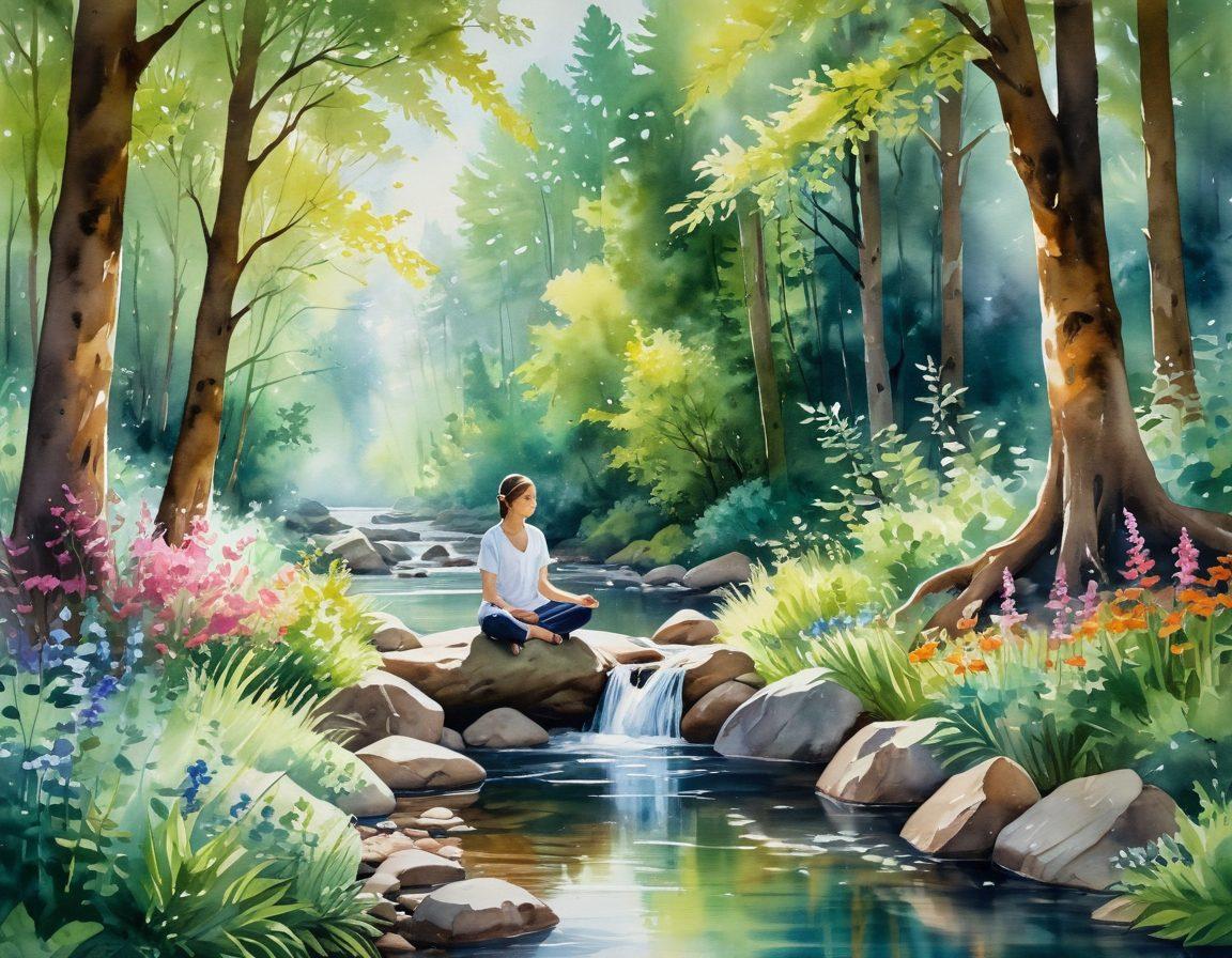 A serene landscape depicting a peaceful forest with soft sunlight filtering through the leaves, a person meditating near a tranquil stream, surrounded by blooming flowers and gentle wildlife. The scene conveys a sense of harmony and tranquility, symbolizing inner peace and well-being. Incorporate vibrant colors and soft textures to evoke calmness and joy. watercolor painting. vibrant colors. serene atmosphere.