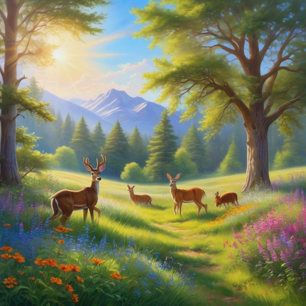 A serene landscape depicting a lush green meadow under a bright blue sky, with colorful wildflowers swaying gently in the breeze. In the foreground, a diverse group of people of various ages joyfully practice yoga and meditation, harmonizing with nature. Soft rays of sunlight filter through the trees, casting a warm glow on their faces, symbolizing blissful living. Around them, gentle animals like deer and rabbits frolic, embodying the harmony of life. painting. vibrant colors. natural light.